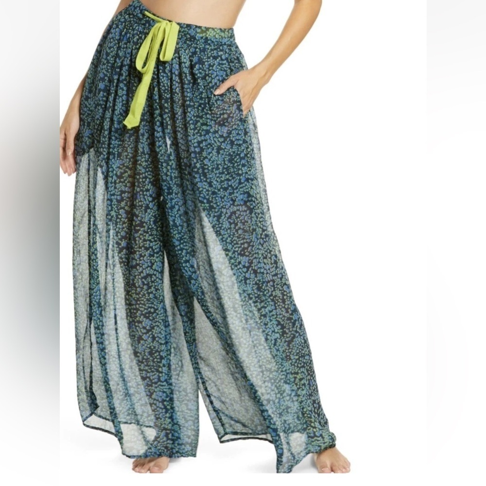 New Free People Pant Sleepin In Wide Leg Sheer Chiffon Blue Print Intimately XS